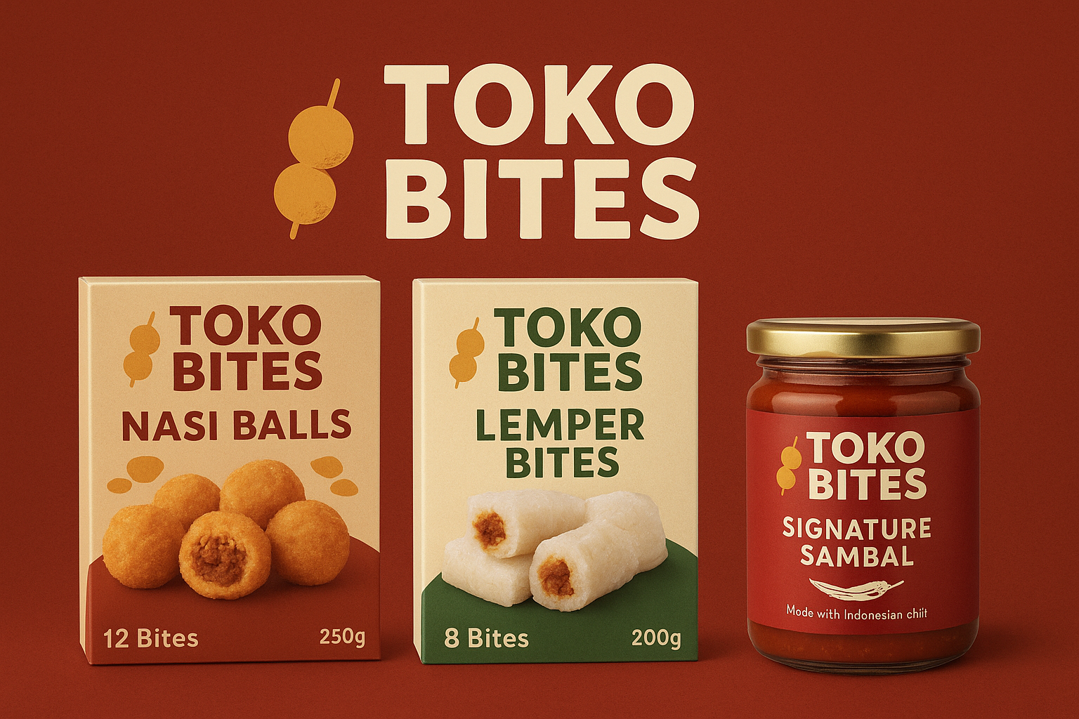 nasi balls, Lemper bites, sambal jar.